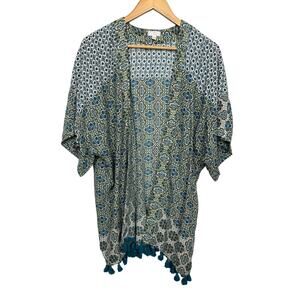 C Women's Kimono Size Small White Blue Print Open Front Cardigan